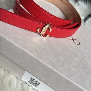 Jimmy Choo Red Belt - 80 cm - Mini Helina - Thin Belt - Designer - Gold Logo